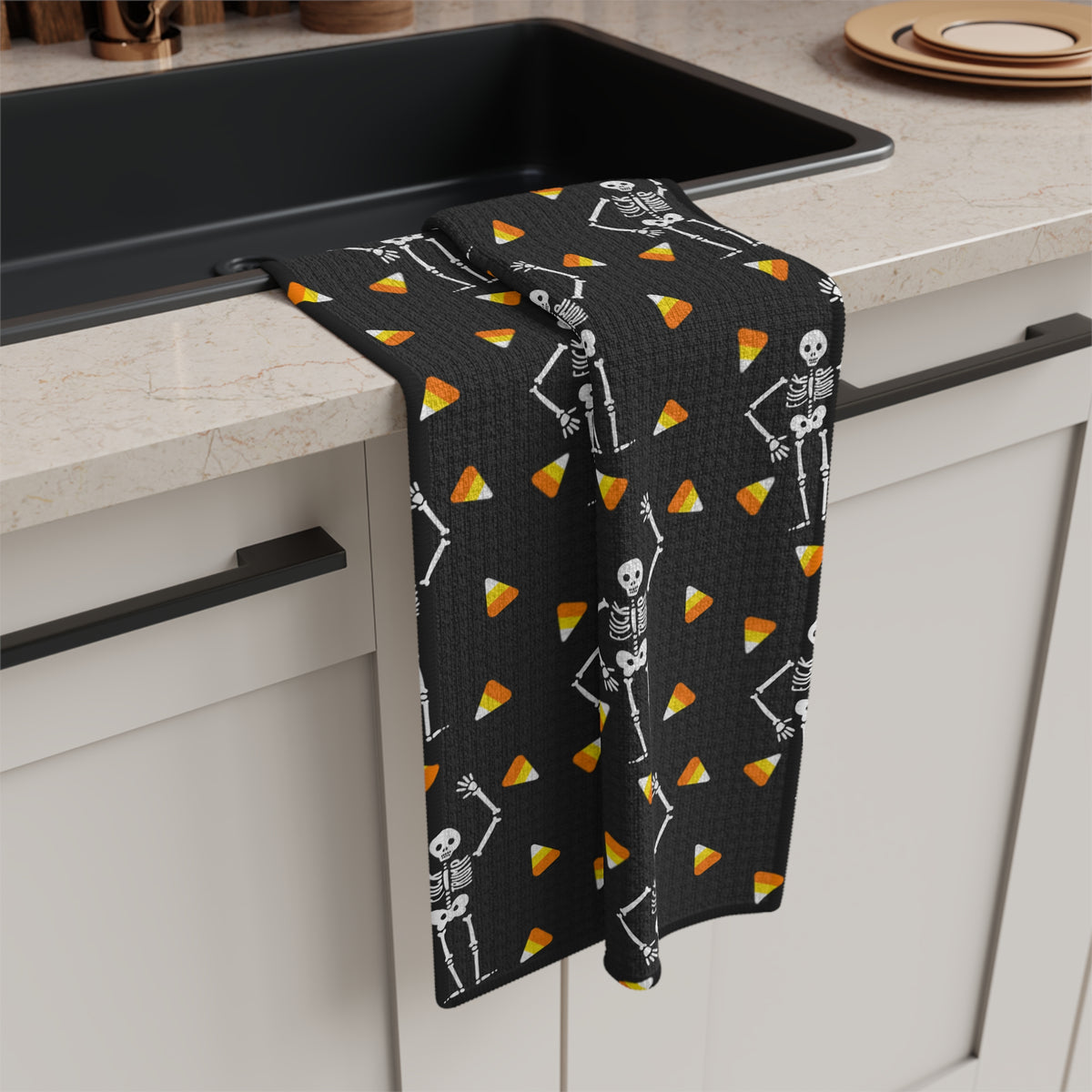 Halloween Skeleton & Candy Corn Microfiber Tea Towel Grey