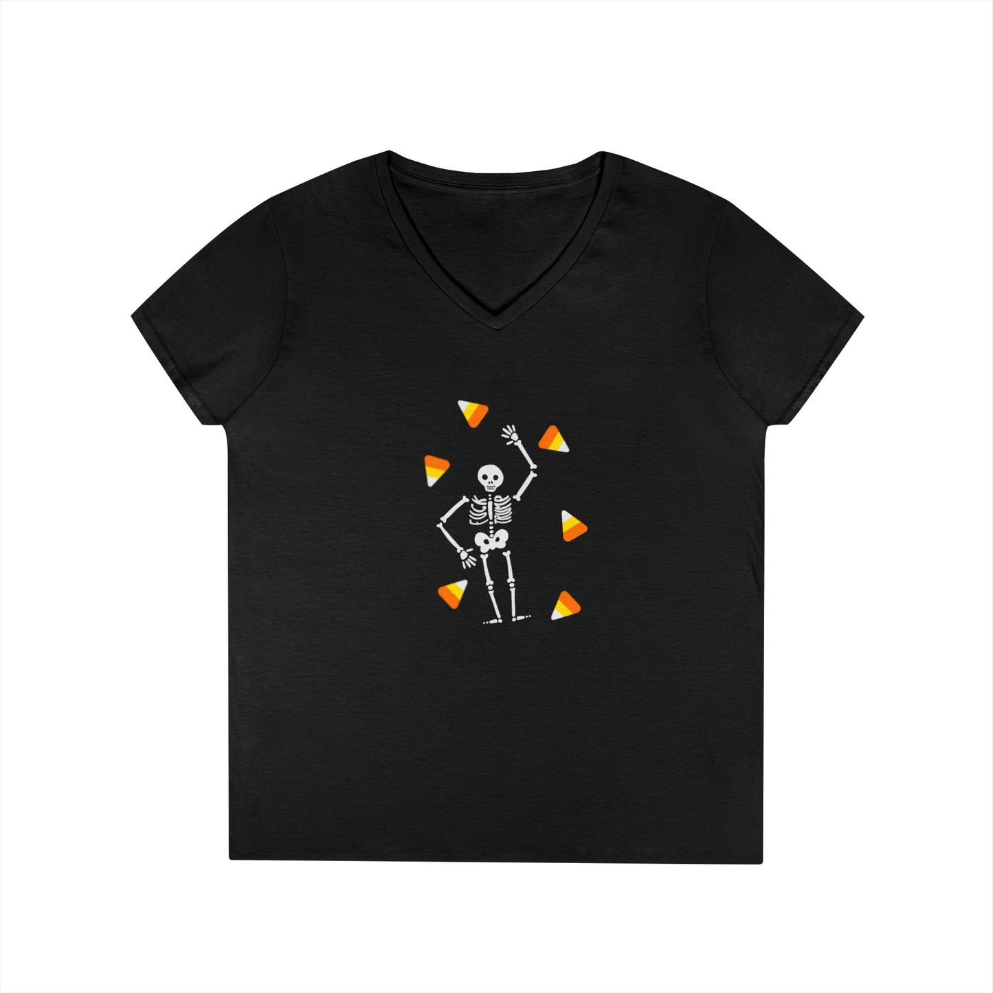 Skeleton & Candy Corn V-Neck Tee Cute Halloween T-Shirt