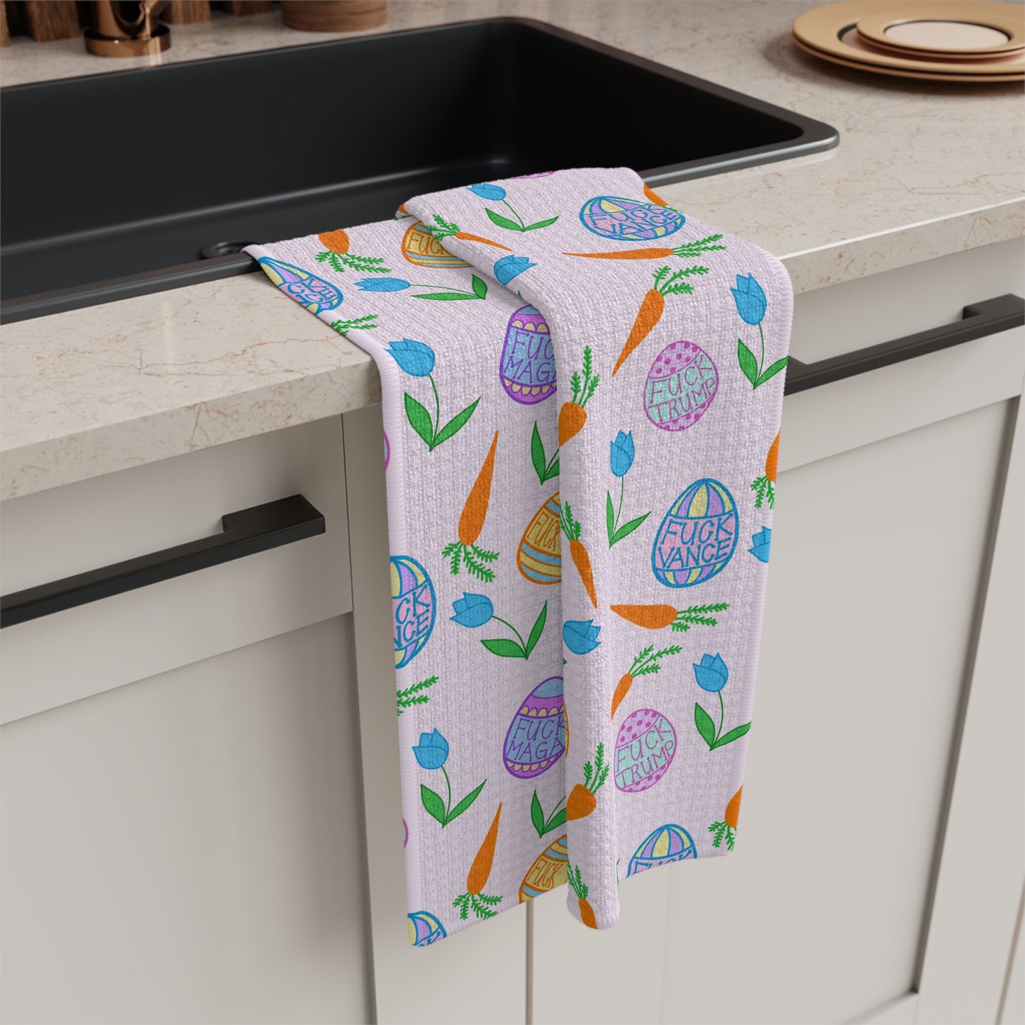 Slightly Subtle Easter Egg and Carrot Pattern Microfiber Tea Towel | Pastel Spring Kitchen
