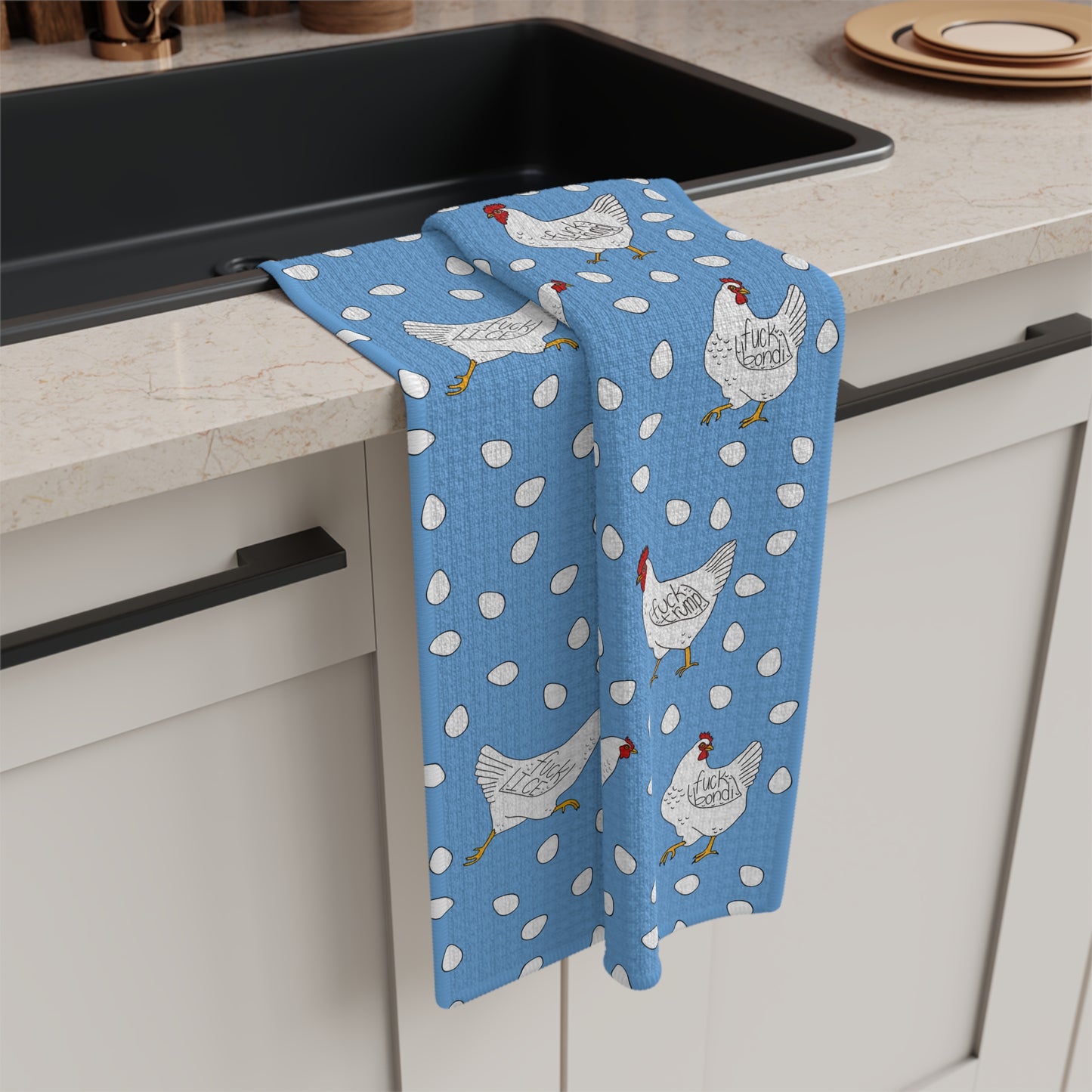 Slightly Subtle White Hen Pattern Microfiber Tea Towel | Blue Polka Dot Farm Kitchen