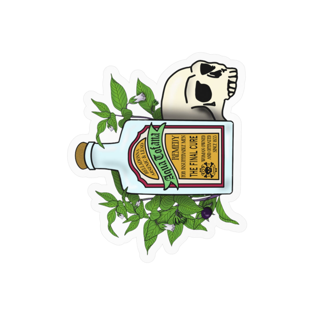 Herbal Aqua Tofana Tonic Bottle Sticker  Skull & Belladonna Kiss-Cut Vinyl Decal