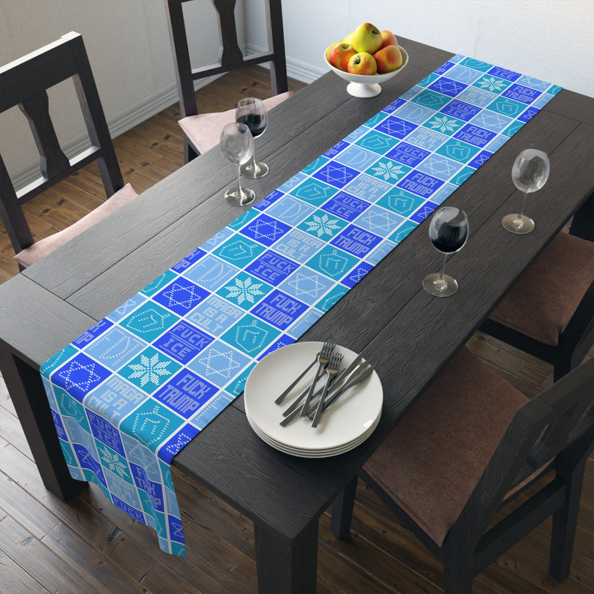 Hanukkah FDT Dreidel Patchwork Checkered Blue Winter Table Runner