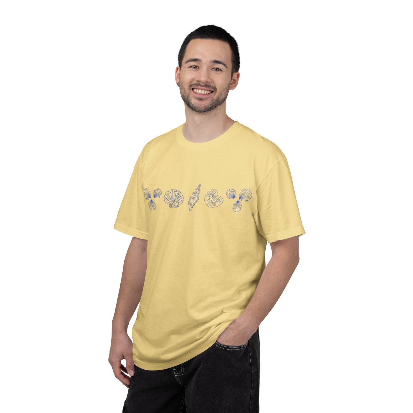 Slightly Subtle Blue Seashell Line Art T-Shirt | Minimal Coastal Doodle Prints FDT