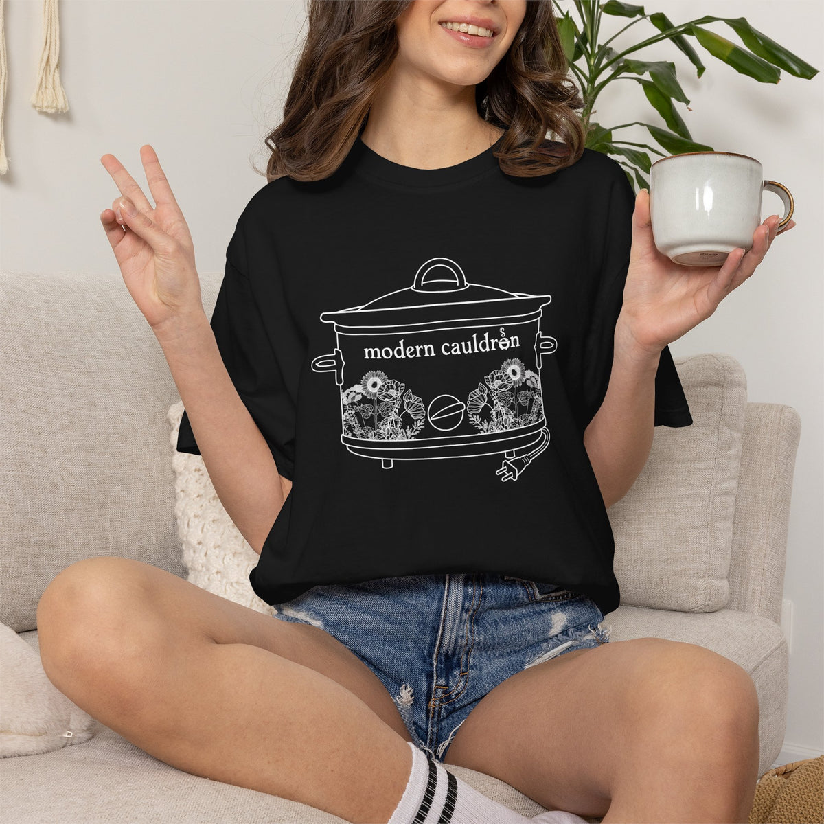 Modern Cauldron Illustrated Cauldron Floral Crockpot Graphic Tee