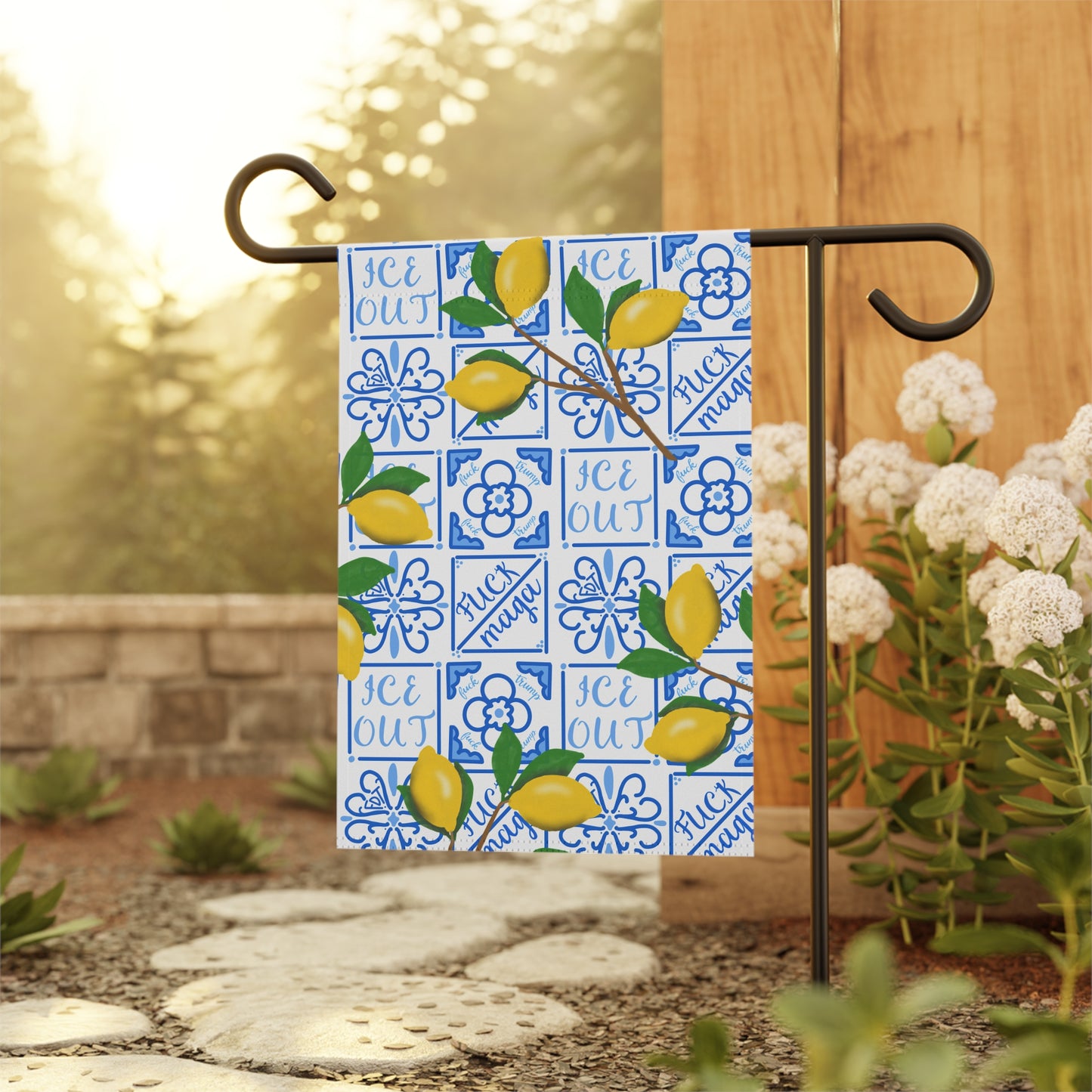Amalfi Lemon Blue Tile Wreath Garden Flag | Mediterranean Decor House Banner
