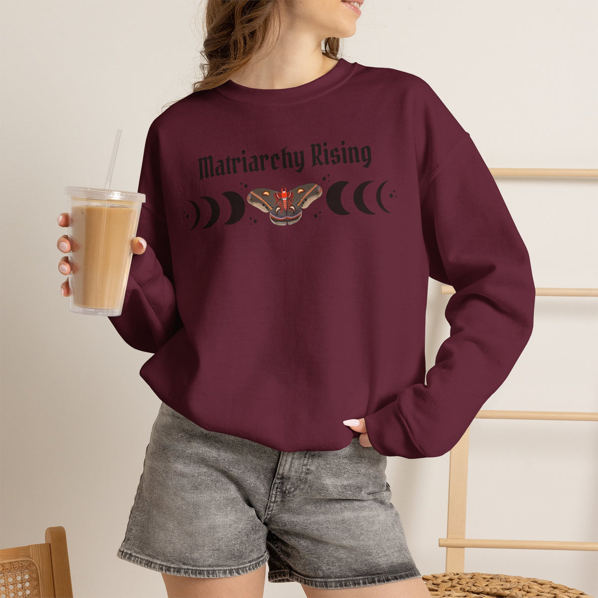 Matriarchy Rising Witchy Moon Phases Moth Crewneck Sweatshirt