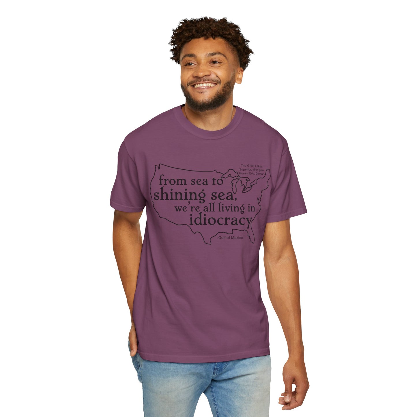 Idiocracy Map T-Shirt  'From sea to shining sea we are living in idiocracy' Minimal Political Tee Great Lakes Gulf of Mexico