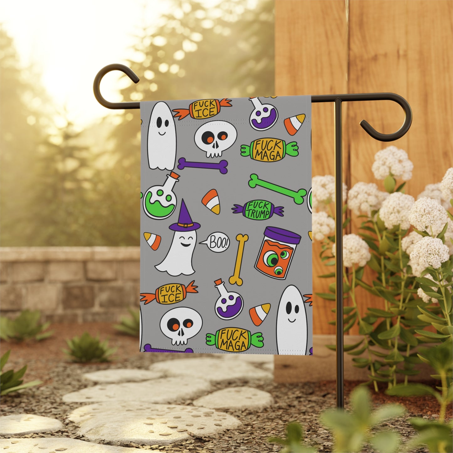Halloween Political Garden Flag – Ghosts, Skulls & 'F**k Trump' Candy Pattern