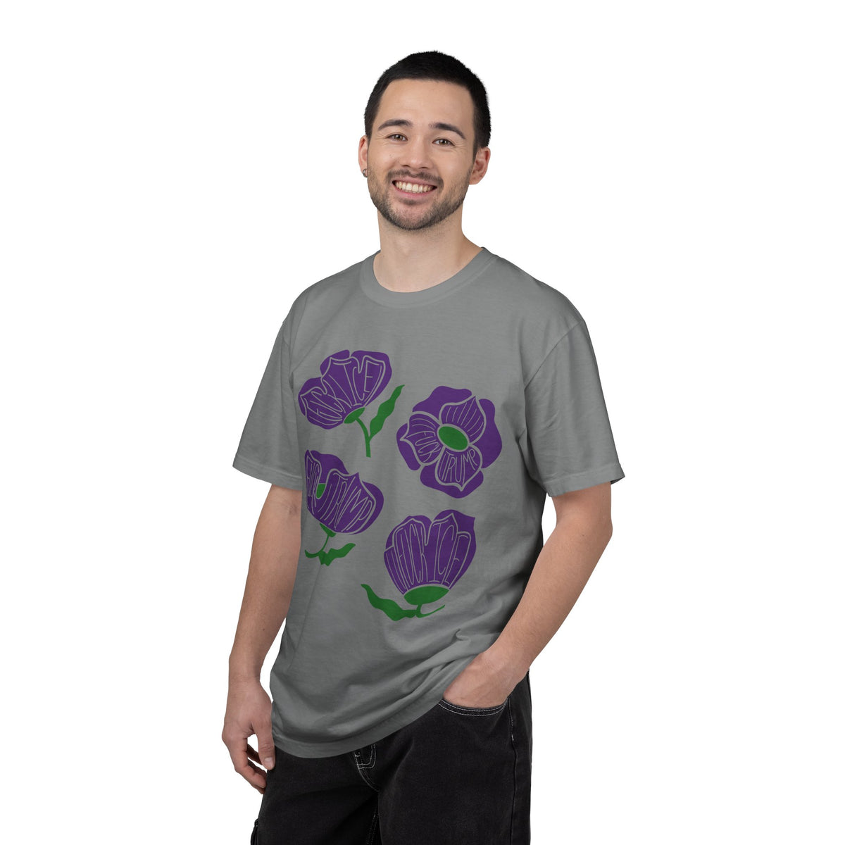 Slightly Subtle Purple Poppy Floral Print T-shirt | Hand-Drawn Flower Illustration FDT