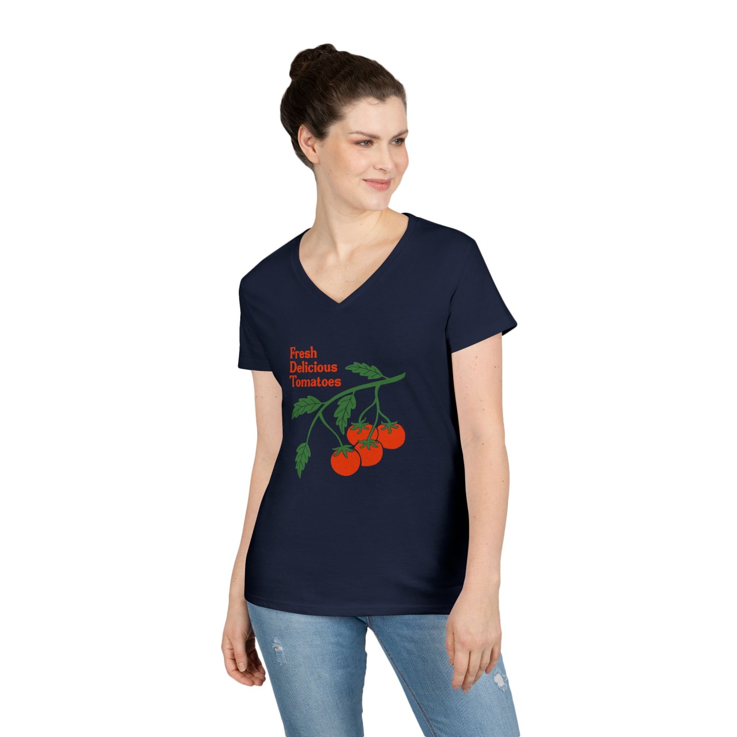 Fresh Delicious Tomatoes V-Neck T-Shirt | Tomato Plant Illustration FDT