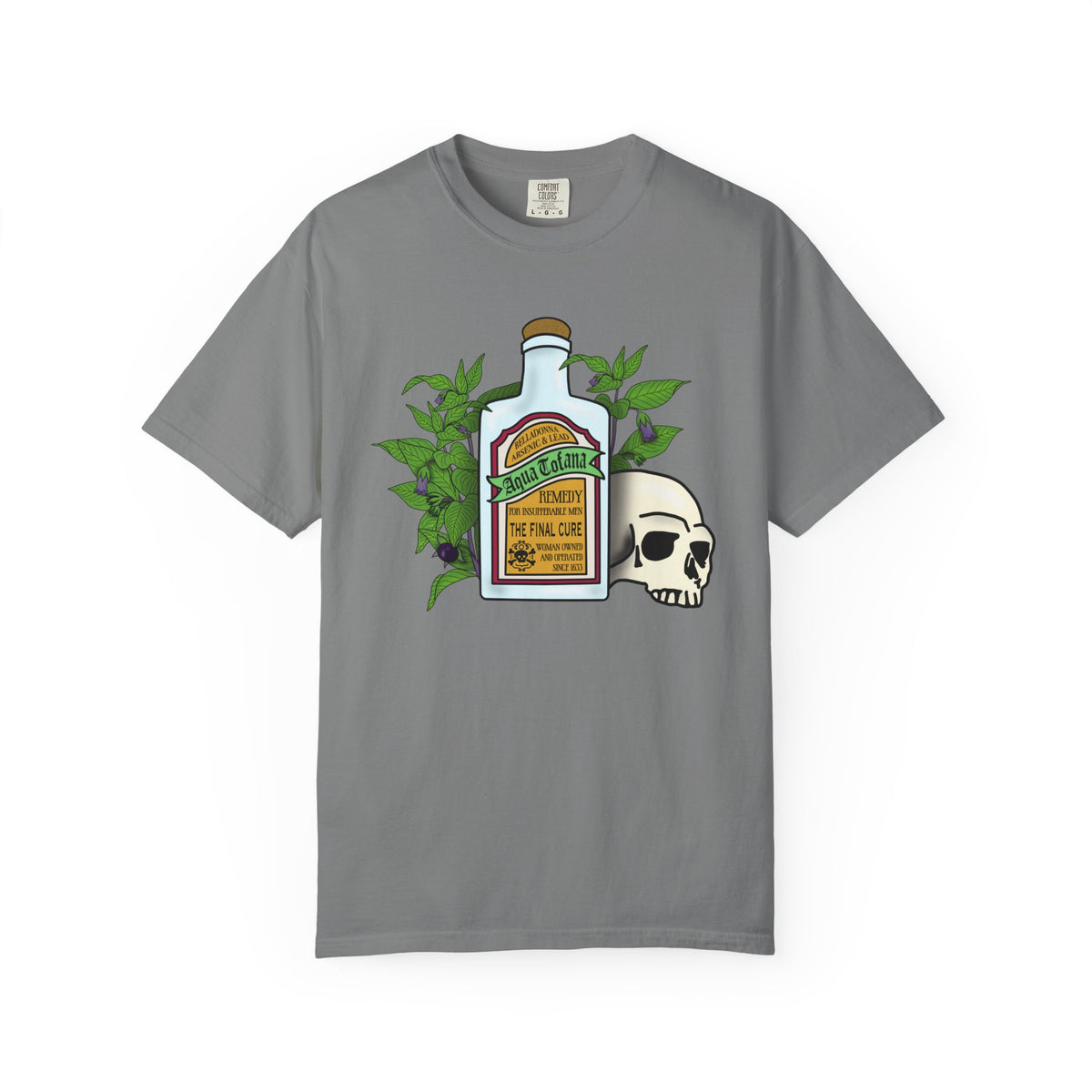 Skull & Remedy Bottle T-Shirt Aqua Tofana Vintage Apothecary Graphic Tee