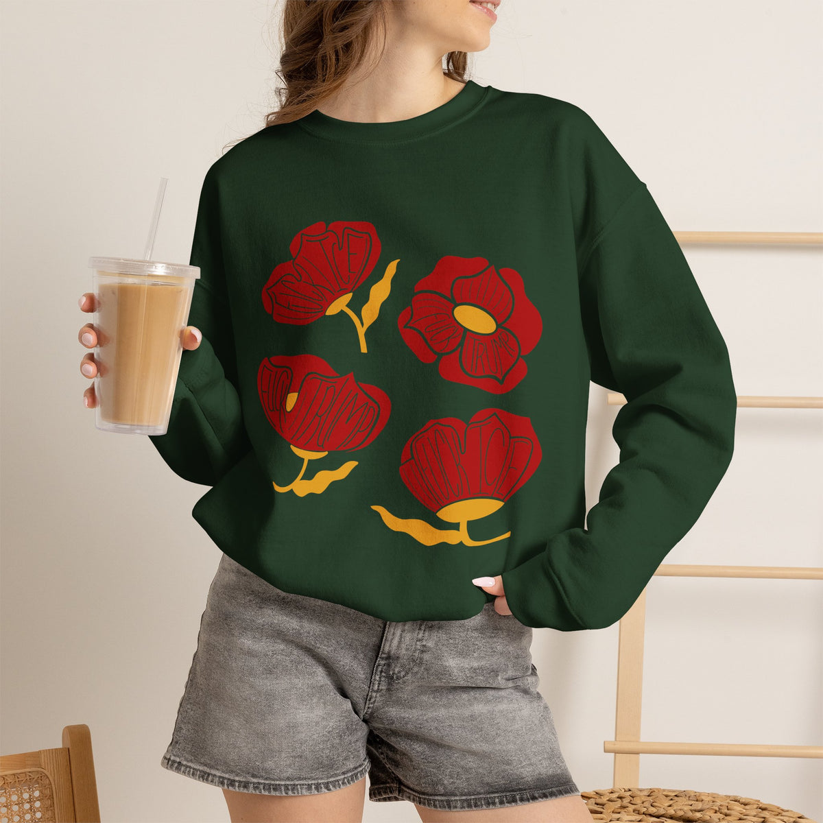 Slightly Subtle Red Poppy Floral Illustration Sweatshirt | Hand-Drawn Blooms, Minimal Botanical FDT