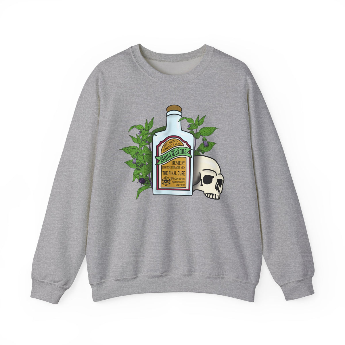 Crewneck Sweatshirt Aqua Tofana Apothecary Bottle & Skull Graphic