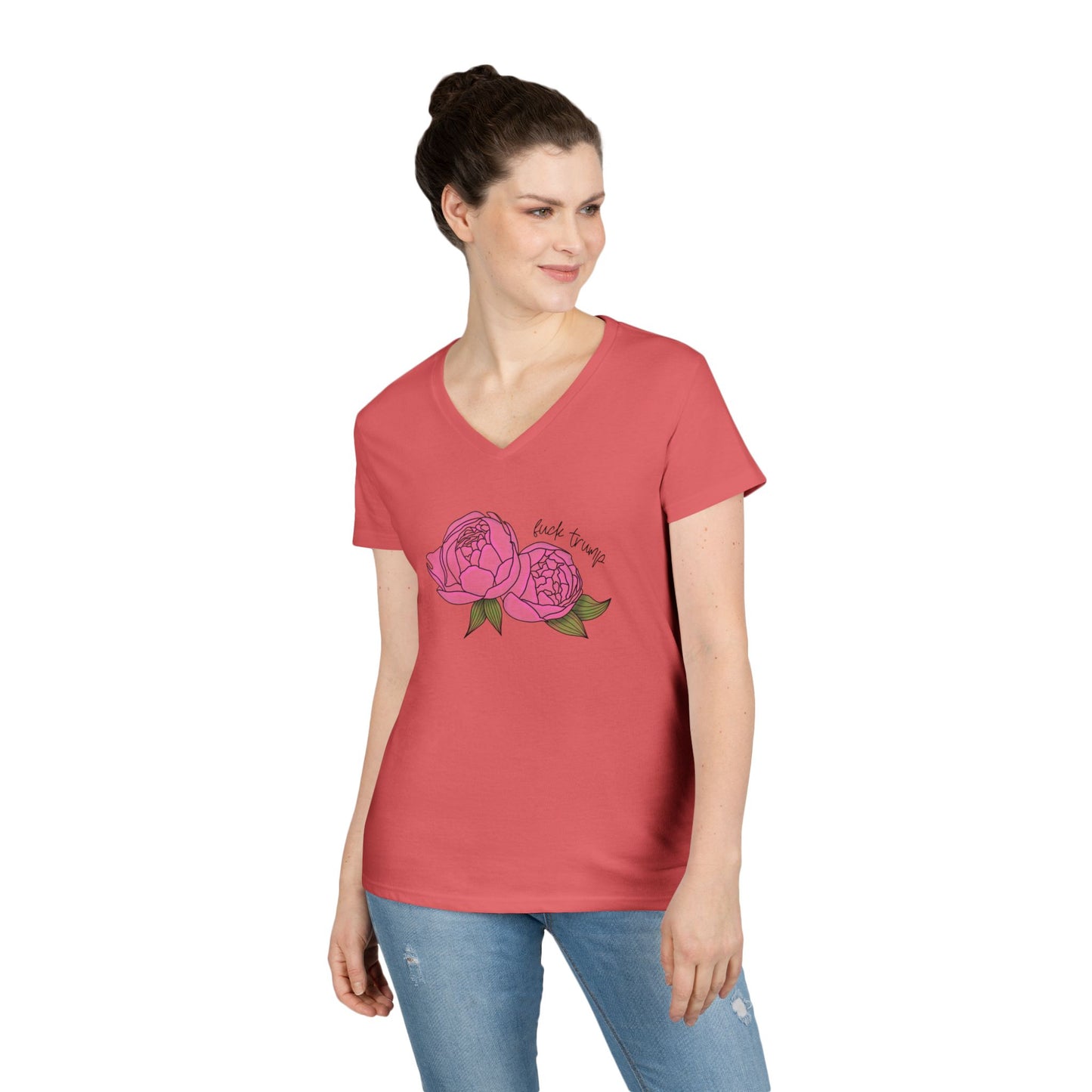 Pink Peony Illustration Ladies V-Neck Tee | Hand-Drawn Floral FDT