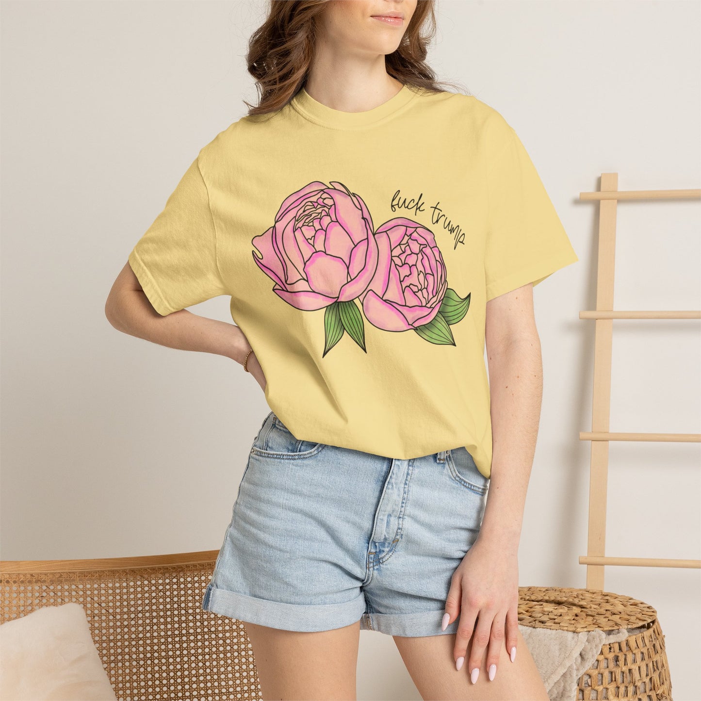 Slightly Subtle Pink Peony Floral Illustration T-shirt | Hand-drawn Blooms FDT