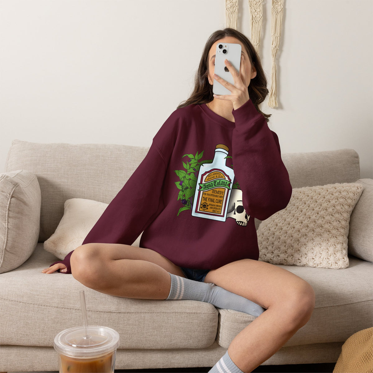 Crewneck Sweatshirt Aqua Tofana Apothecary Bottle & Skull Graphic