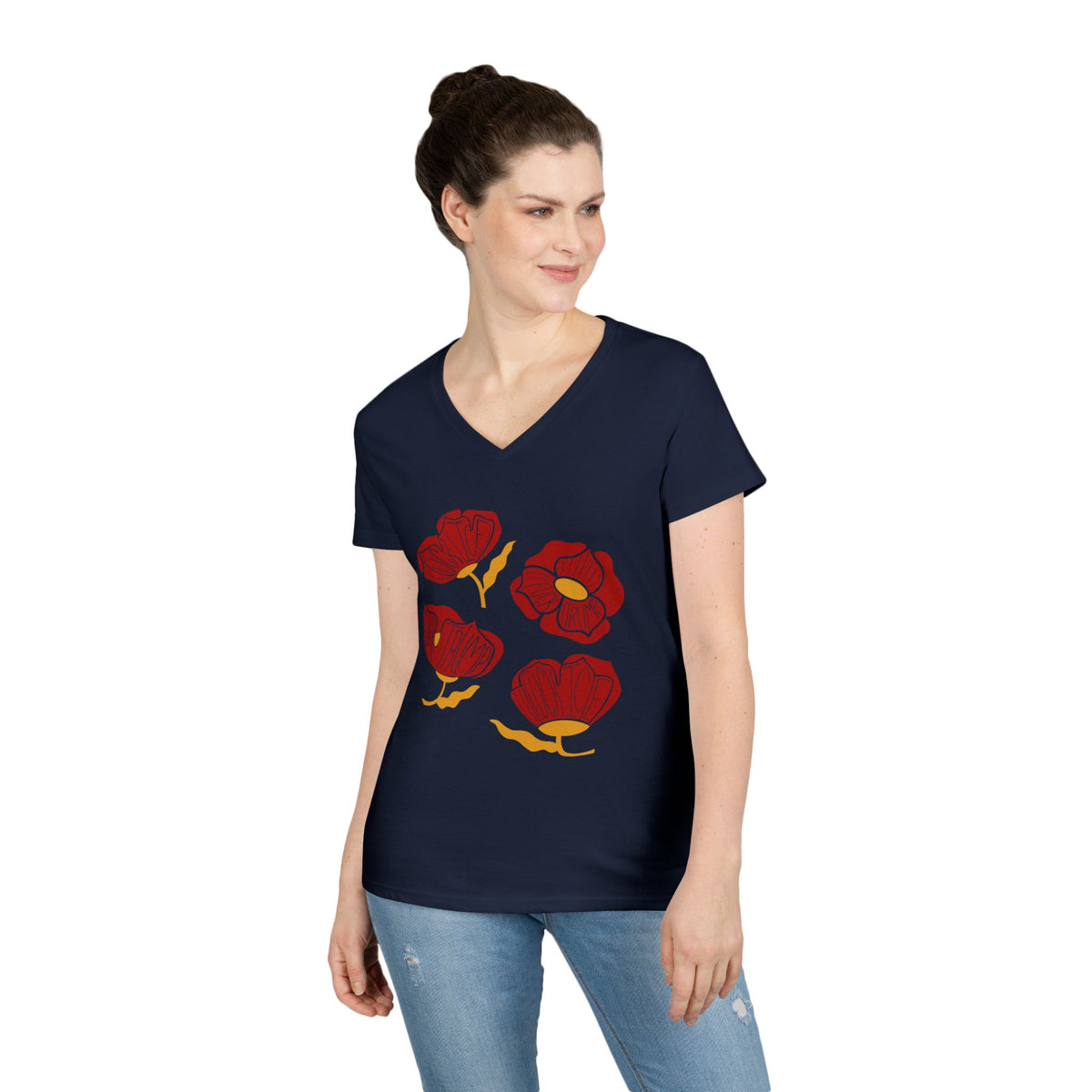Slightly Subtle Red Poppies V-Neck T-Shirt | Floral Graphic Tee FDT