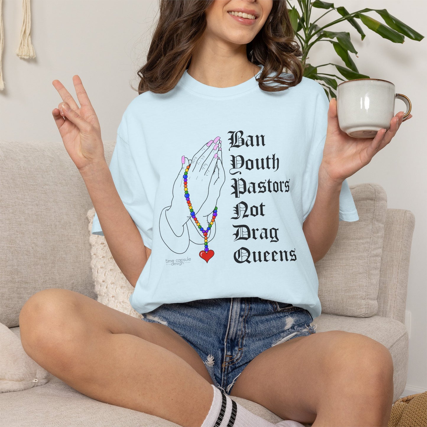Ban South Pastors Not Drag Queens T-Shirt — Prayer Hands with Rainbow Rosary LGBTQ+ Ally Tee