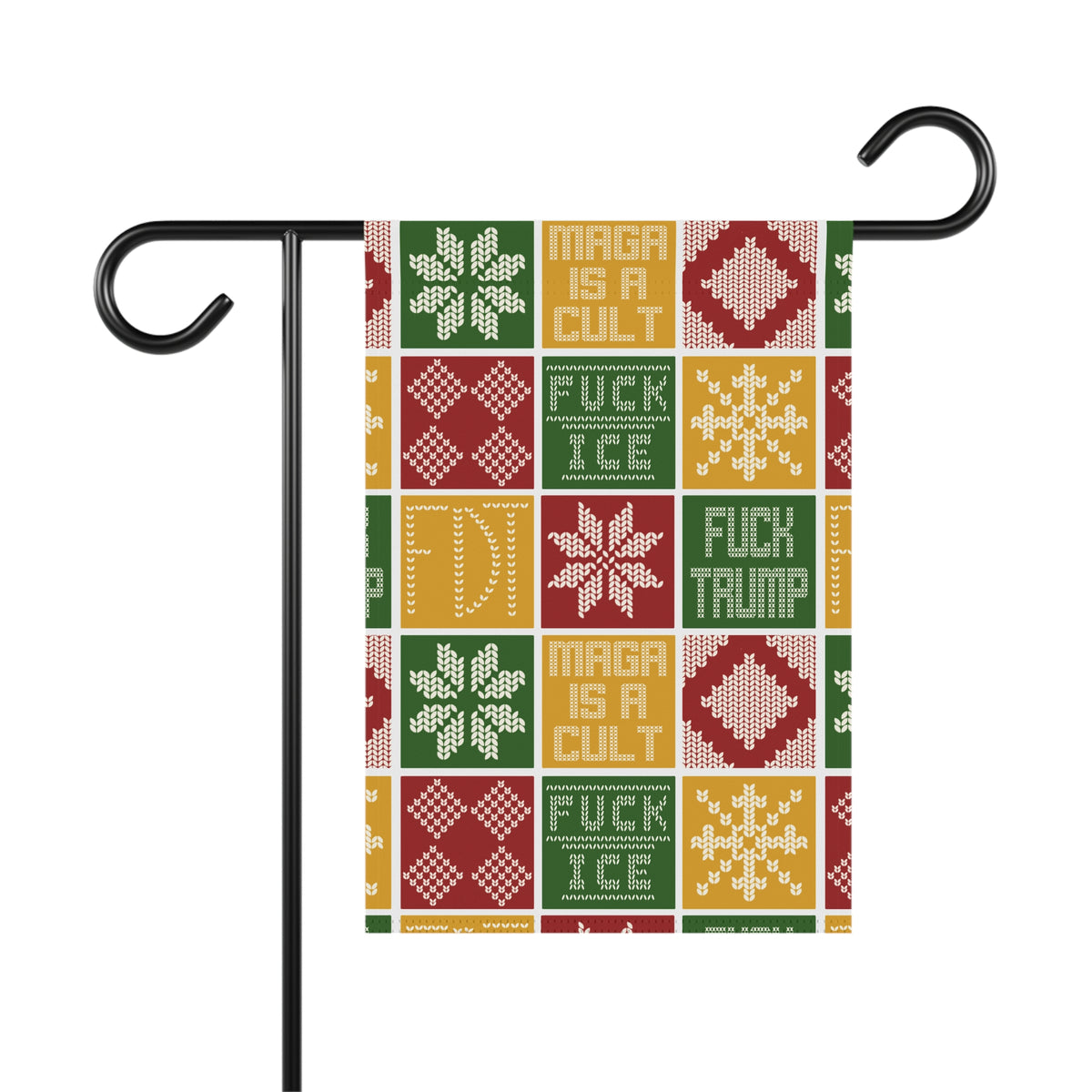 Holiday Christmas Garden Flag Funny Winter Snowflake “MAGA Is a Cult” Design