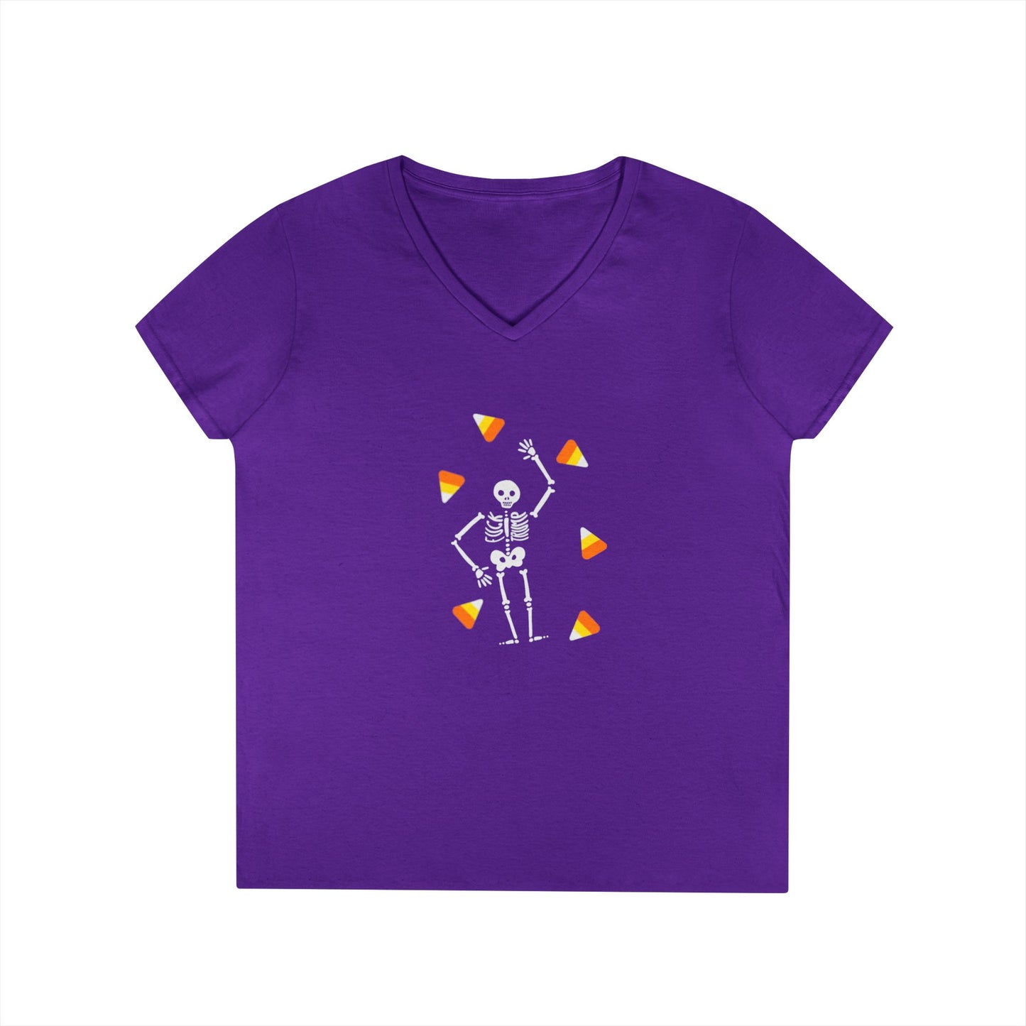 Skeleton & Candy Corn V-Neck Tee Cute Halloween T-Shirt