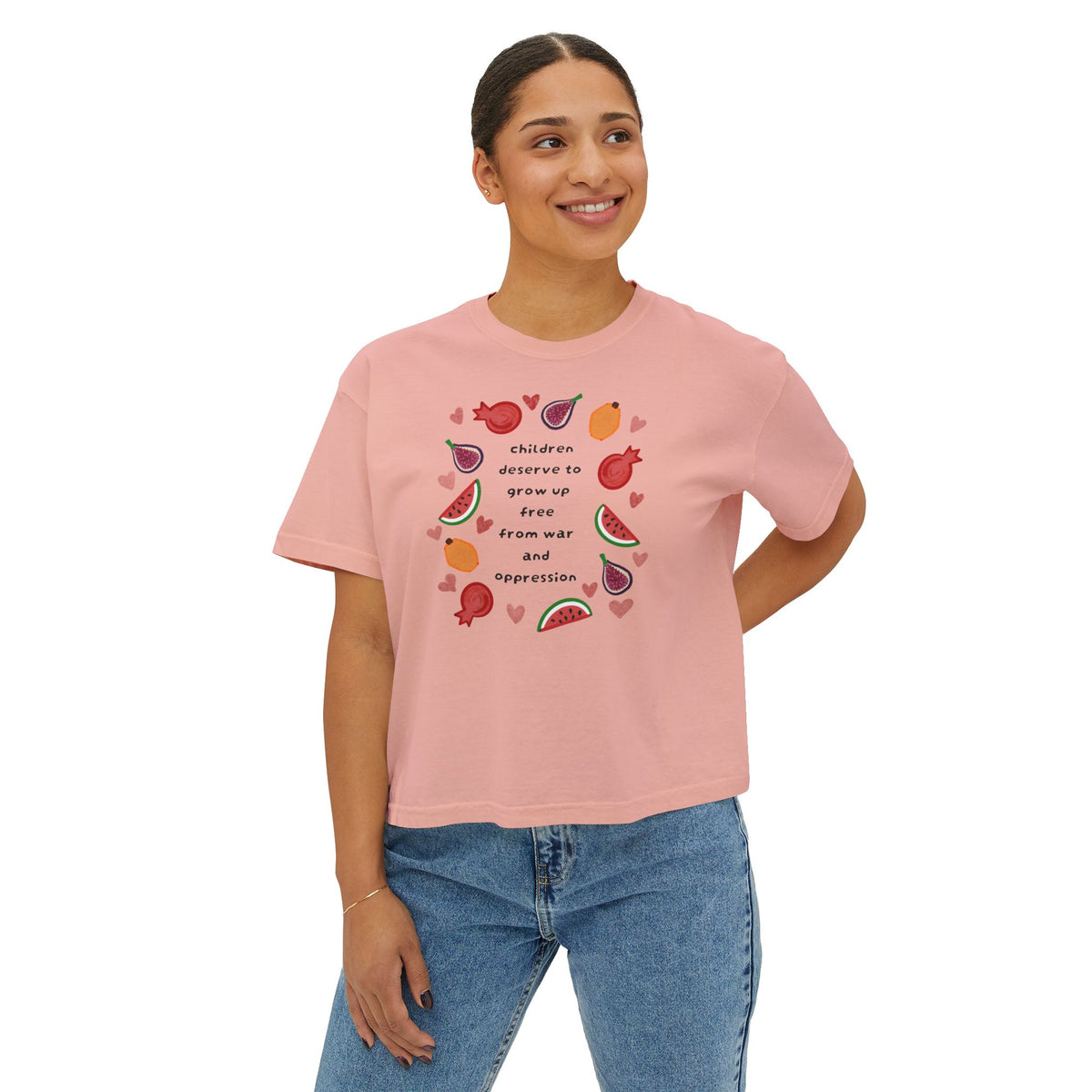 Women’s Boxy CROP Tee "Children Deserve to Grow Up Free From War and Oppression" Peaceful Fruit Graphic