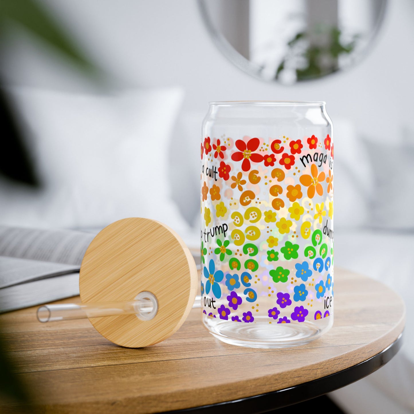 Slightly Subtle Rainbow Daisy Pattern Sipper Glass Can