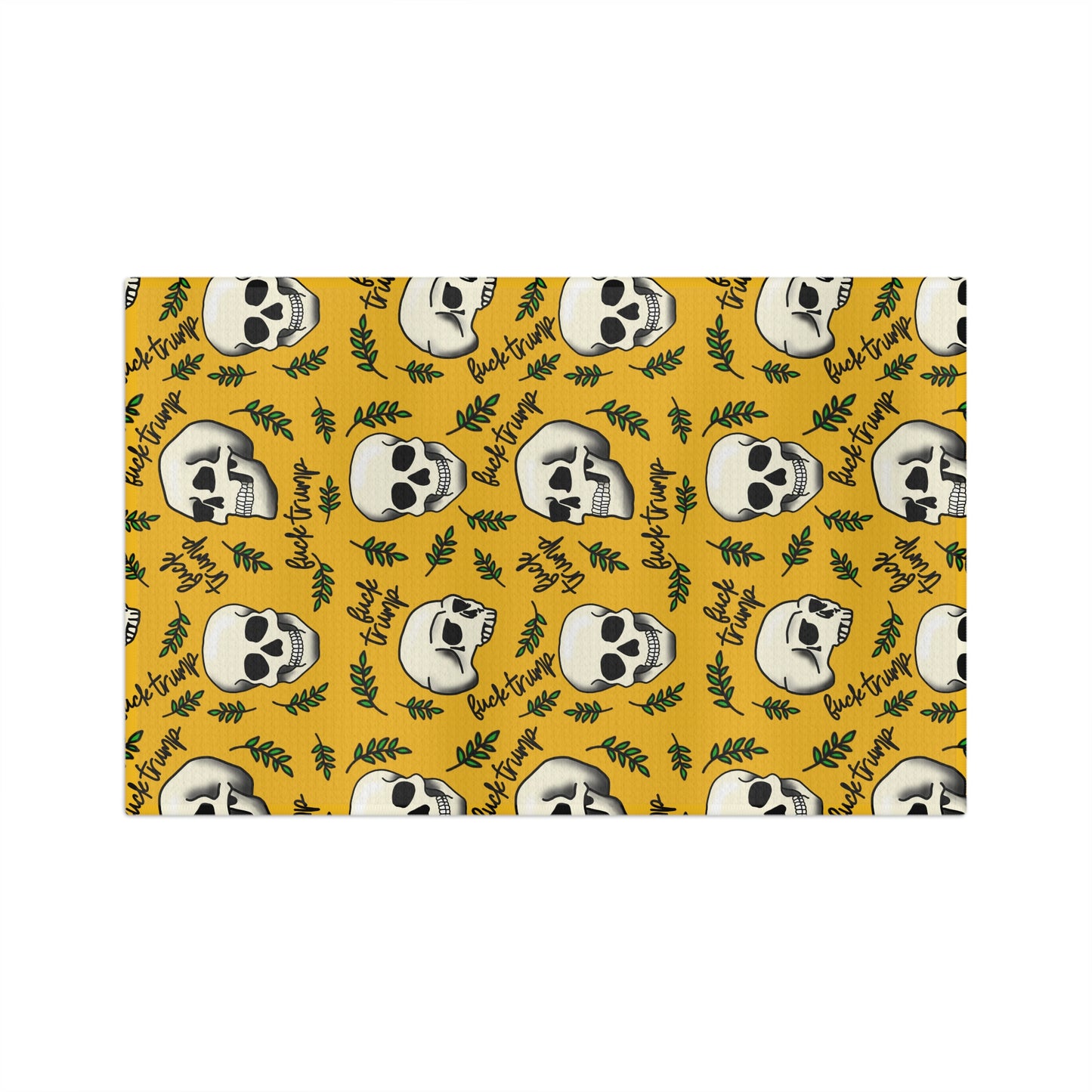 Slightly Subtle Skull Pattern with Leaves microfiber tea towel | Halloween spooky kitchen decor yellow