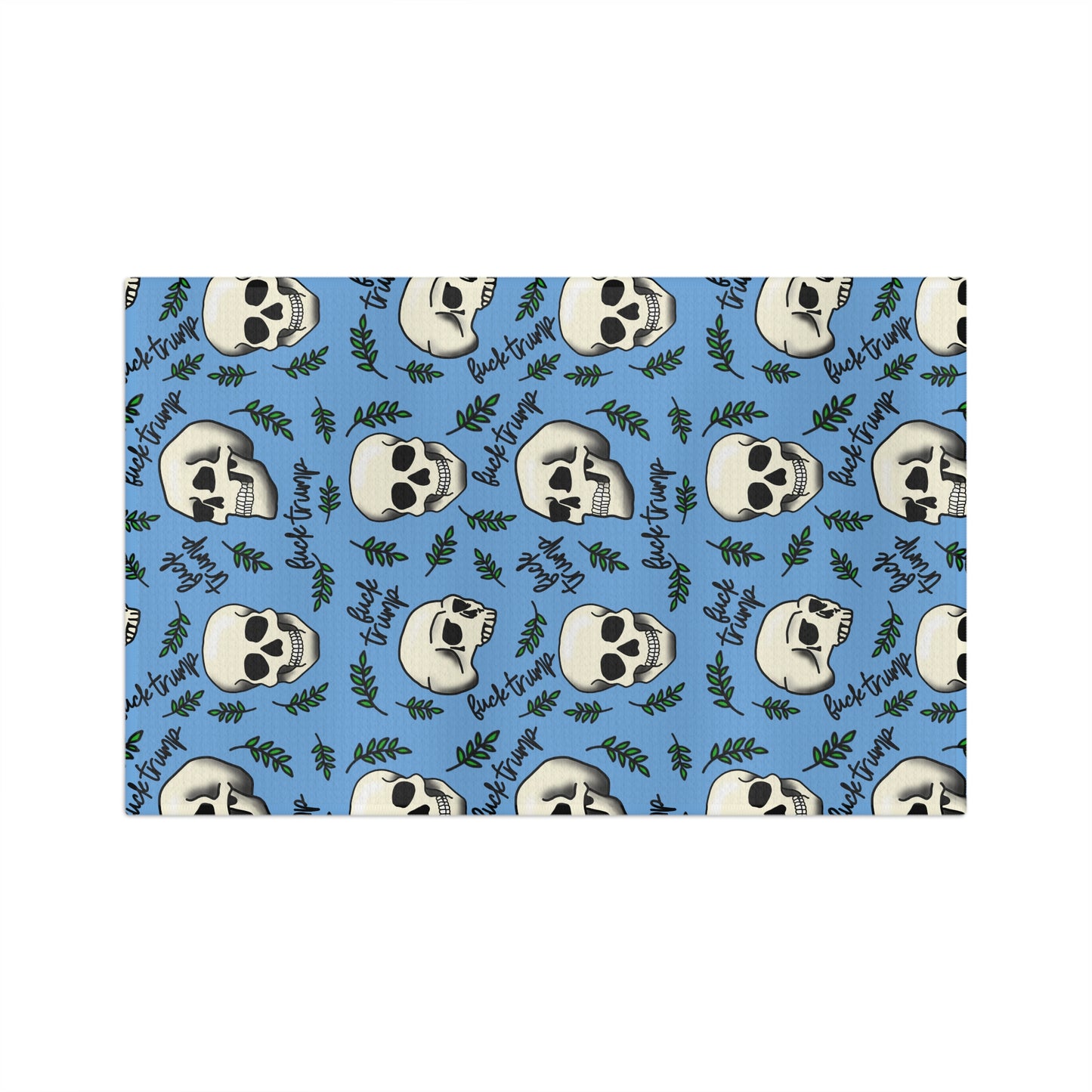 Slightly Subtle Skull Pattern with Leaves Blue microfiber tea towel | Halloween spooky kitchen decor