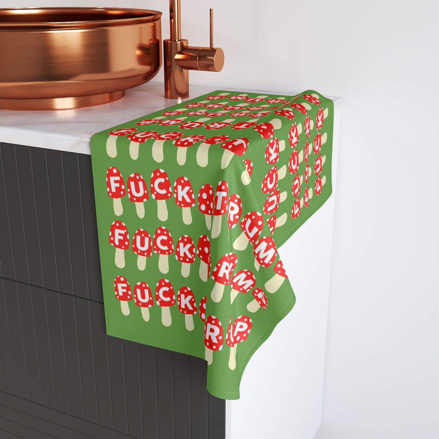 Slightly Subtle Mushrooms on Green Funny Political Hand Towel, Quirky Kitchen Towel, Unique Gift for Democrats, Home Decor, Housewarming Gift, Kitchen Accessories