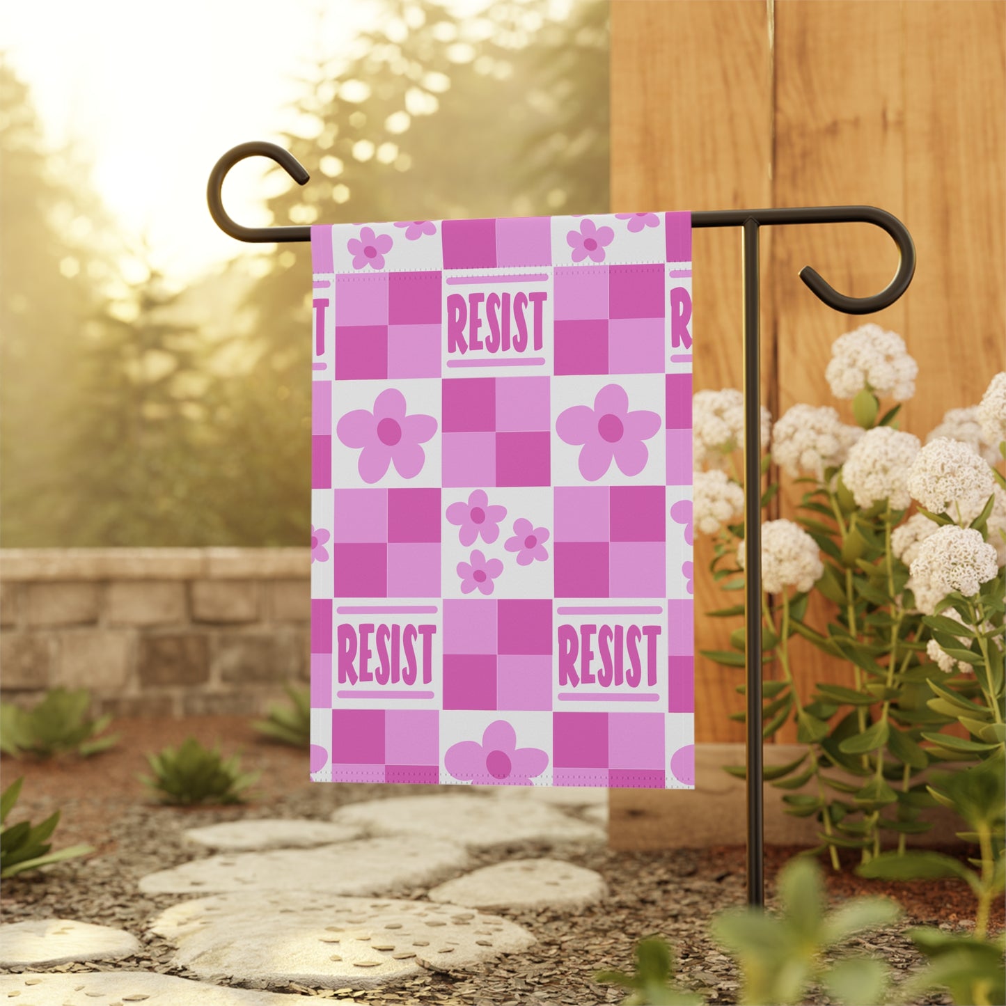 Resist Floral Garden Flag – Pink Checkerboard Welcome Banner