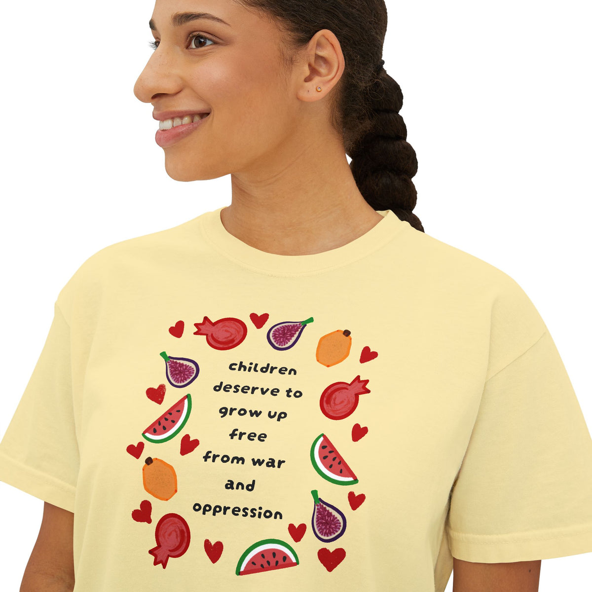 Women’s Boxy CROP Tee "Children Deserve to Grow Up Free From War and Oppression" Peaceful Fruit Graphic
