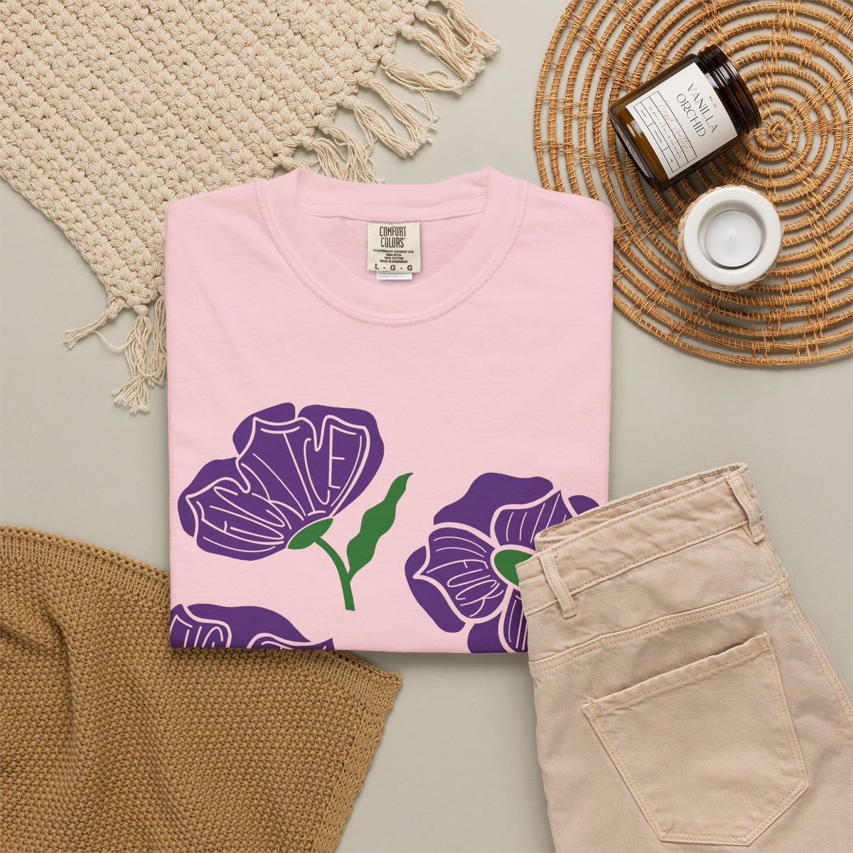 Slightly Subtle Purple Poppy Floral Print T-shirt | Hand-Drawn Flower Illustration FDT