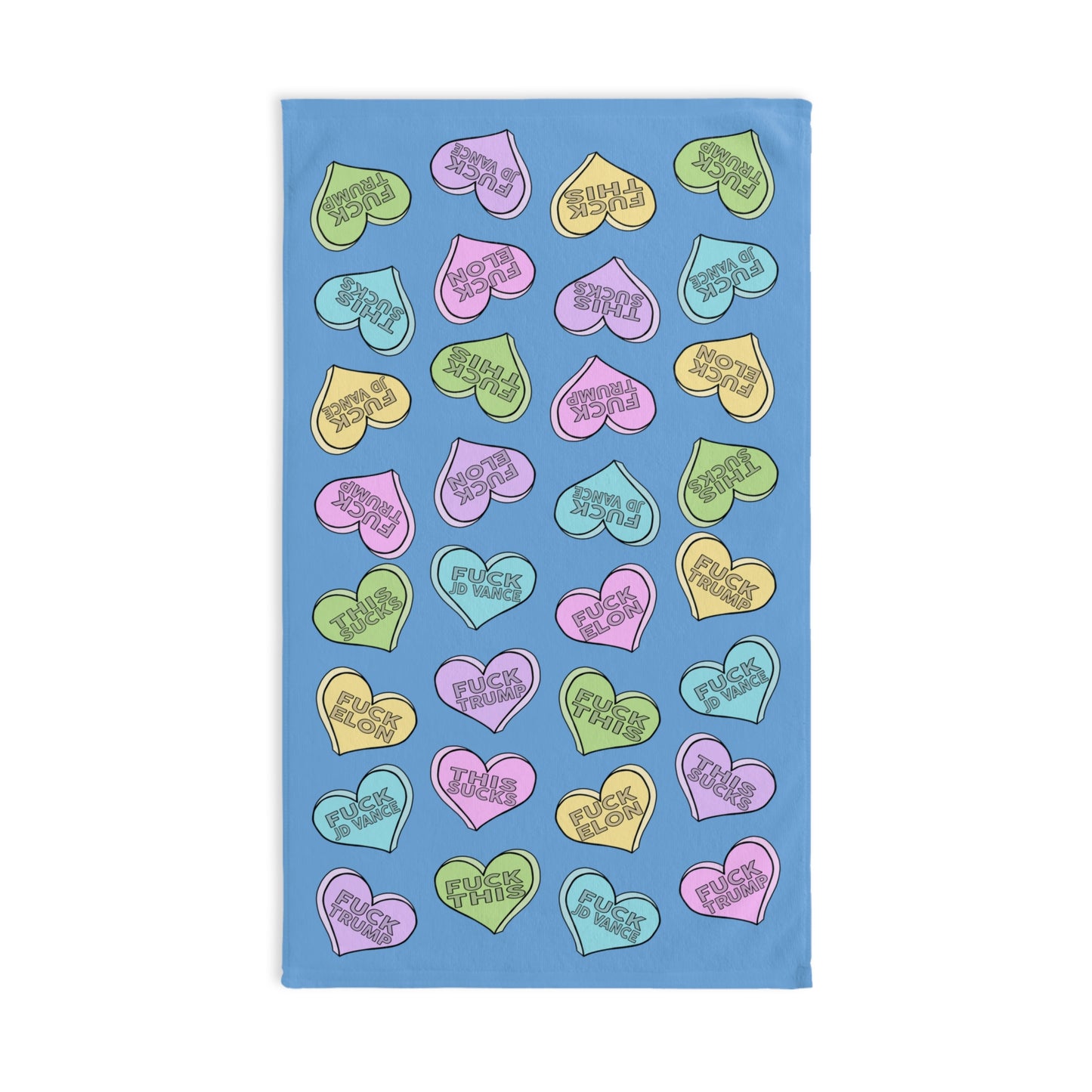 Slightly Subtle Conversation Hearts on Blue Hand Towel