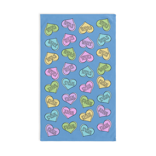 Slightly Subtle Conversation Hearts on Blue Hand Towel