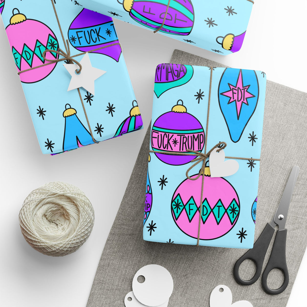 Slightly Subtle Retro Ornament Pattern Blue FDT Wrapping Paper | Blue Pink Holiday Wrap