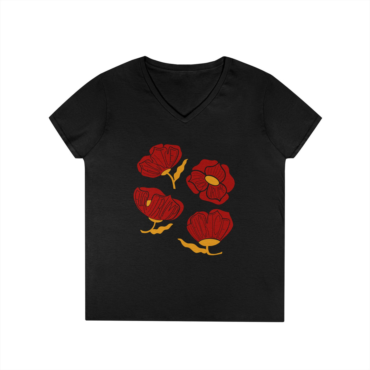 Slightly Subtle Red Poppies V-Neck T-Shirt | Floral Graphic Tee FDT