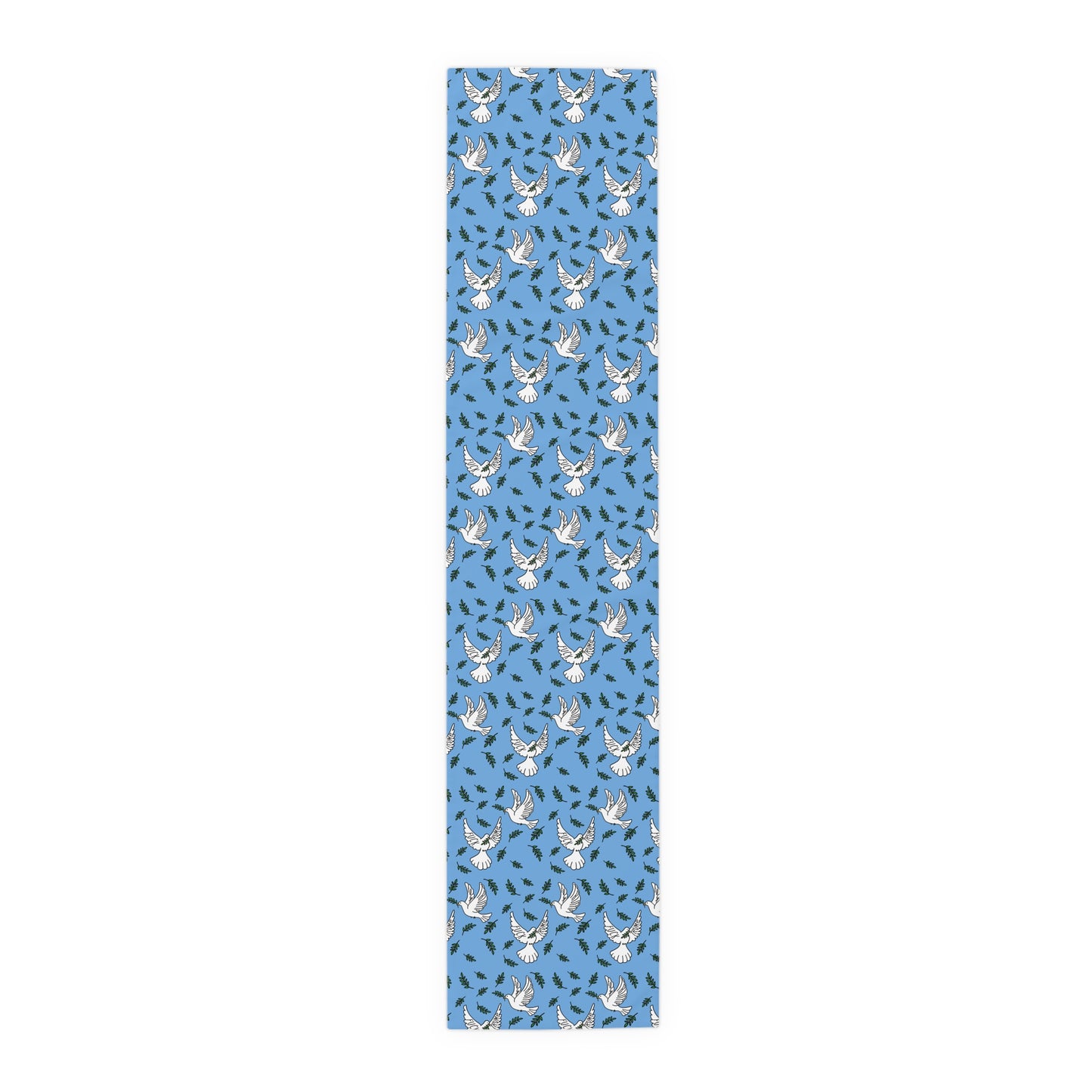 Slightly Subtle White Dove Pattern Table Runner | Blue Olive Branches