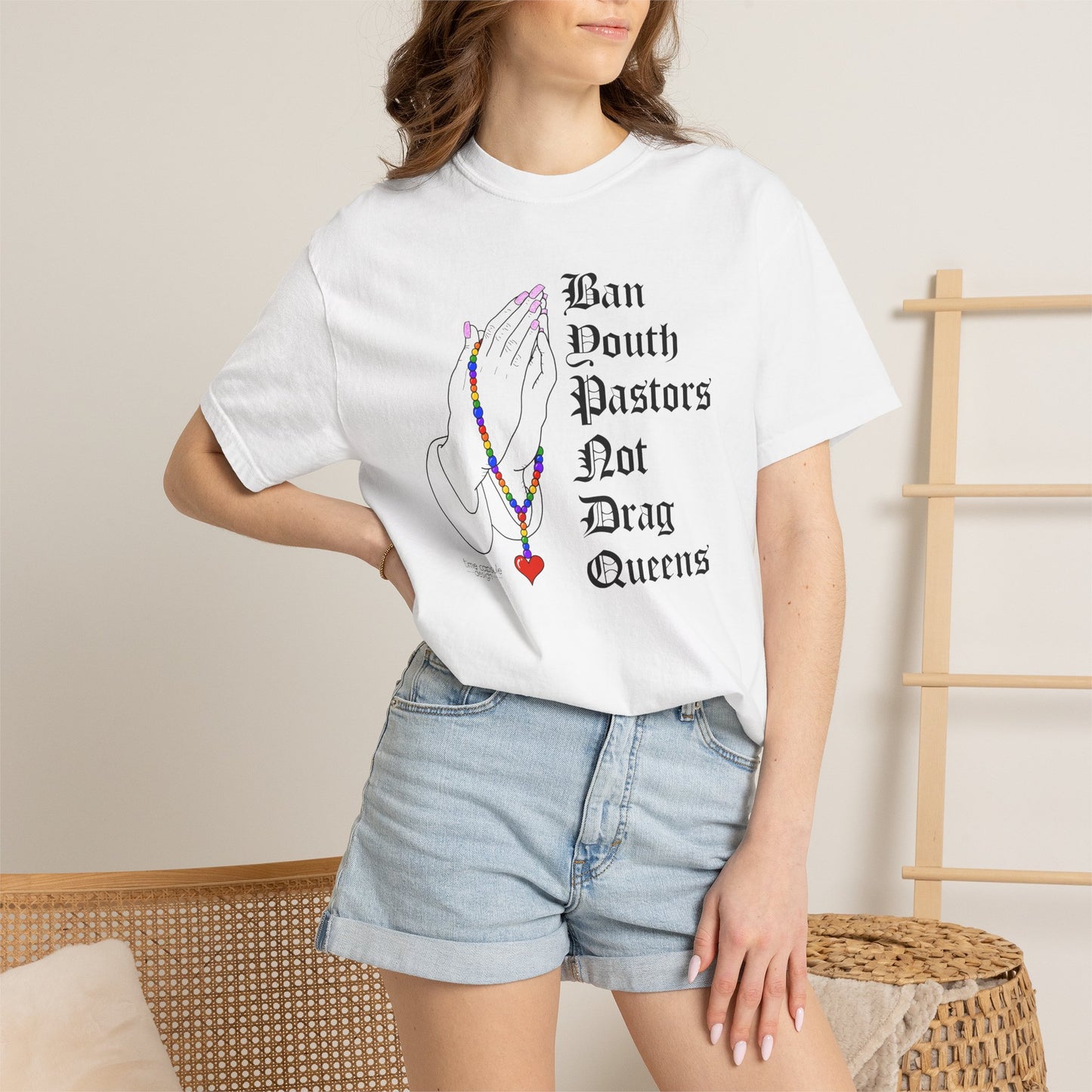Ban South Pastors Not Drag Queens T-Shirt — Prayer Hands with Rainbow Rosary LGBTQ+ Ally Tee