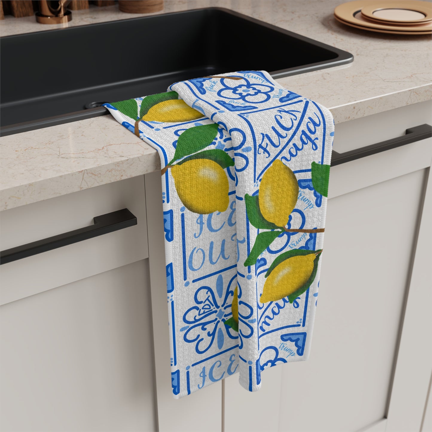 Slightly Subtle Amalfi Lemons on Blue Tile Microfiber Tea Towel | Mediterranean Lemon Kitchen Towel