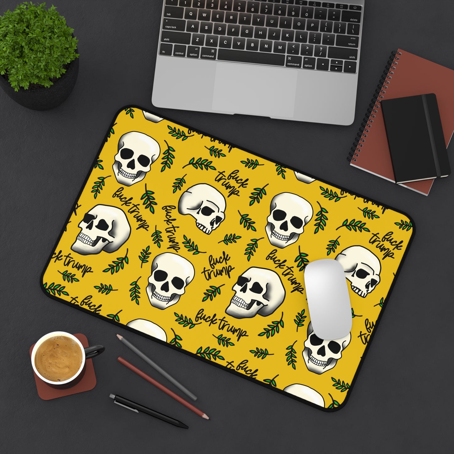Slightly Subtle Skull Pattern Desk Mat | Skulls on Mustard Background Pet Mat