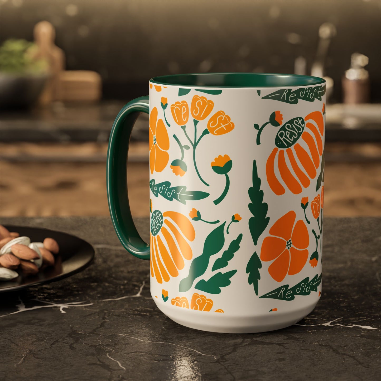 Resist Floral Ceramic Mug — Orange & Teal 11oz/15oz