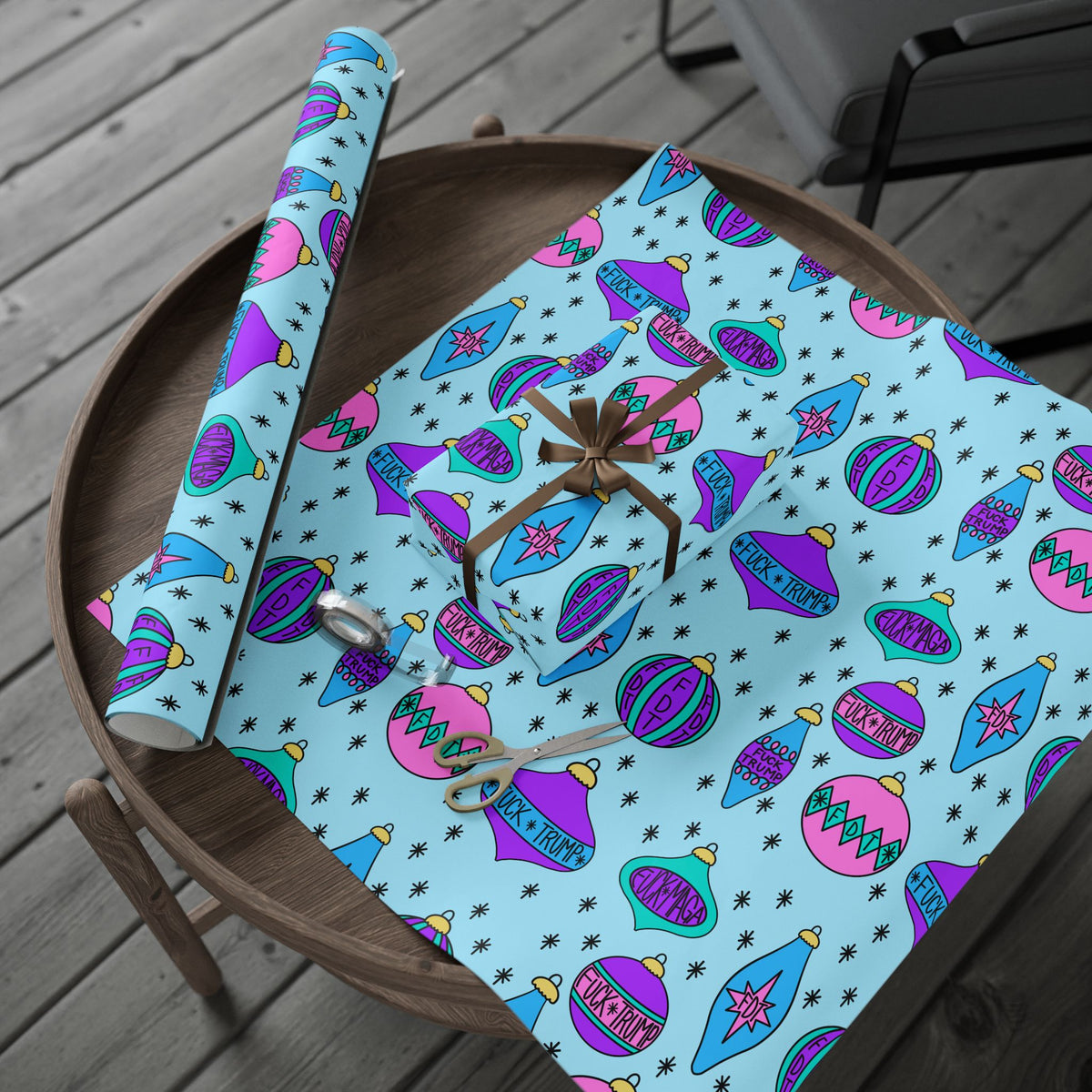 Slightly Subtle Retro Ornament Pattern Blue FDT Wrapping Paper | Blue Pink Holiday Wrap