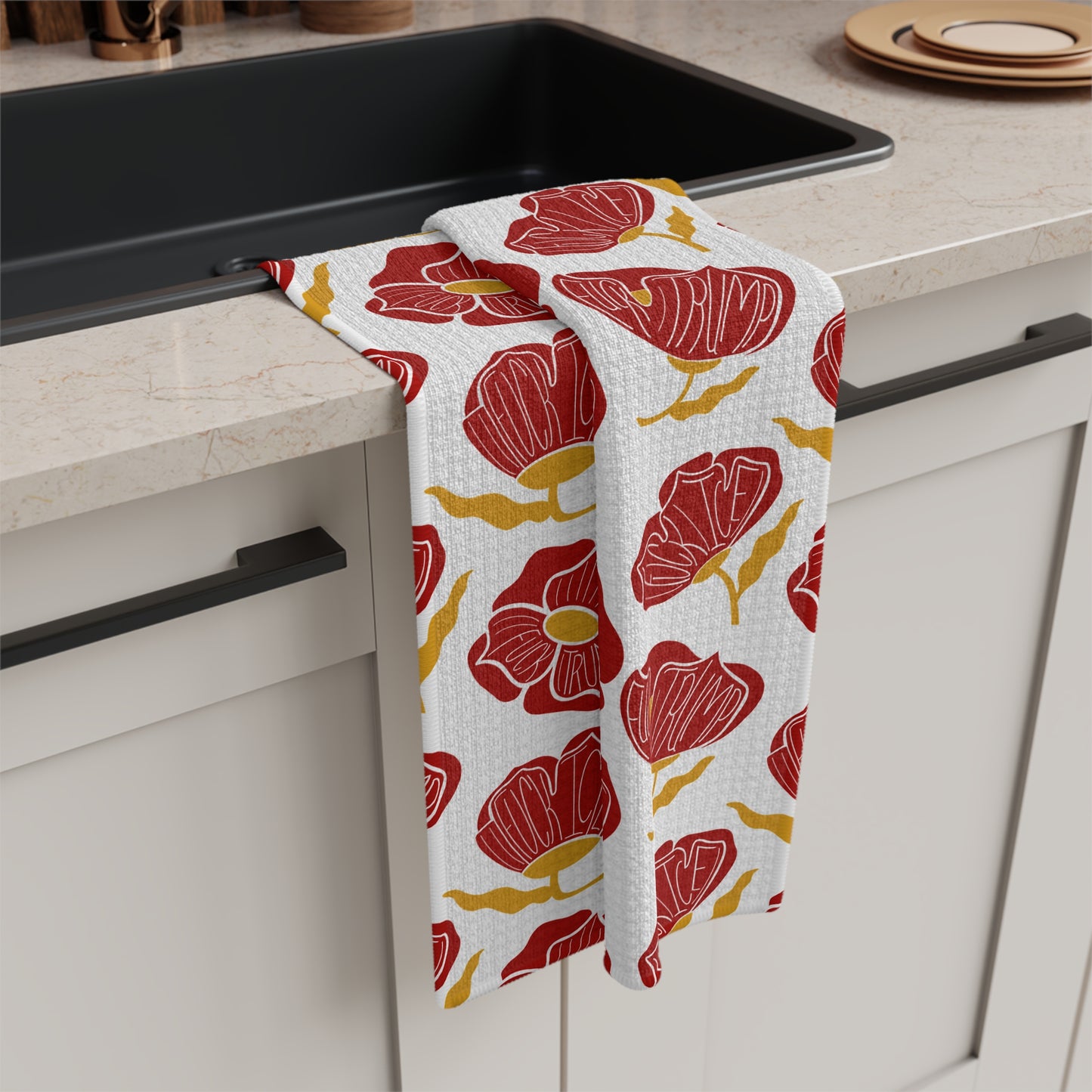 Slightly Subtle Red Poppy Pattern Microfiber Tea Towel | Floral Kitchen Linen