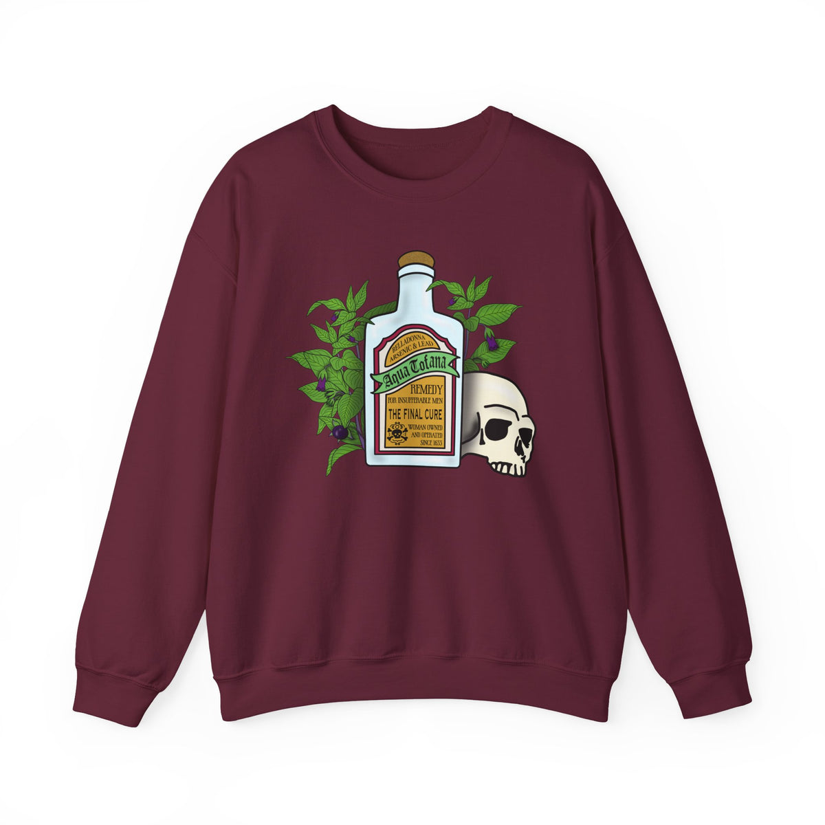 Crewneck Sweatshirt Aqua Tofana Apothecary Bottle & Skull Graphic