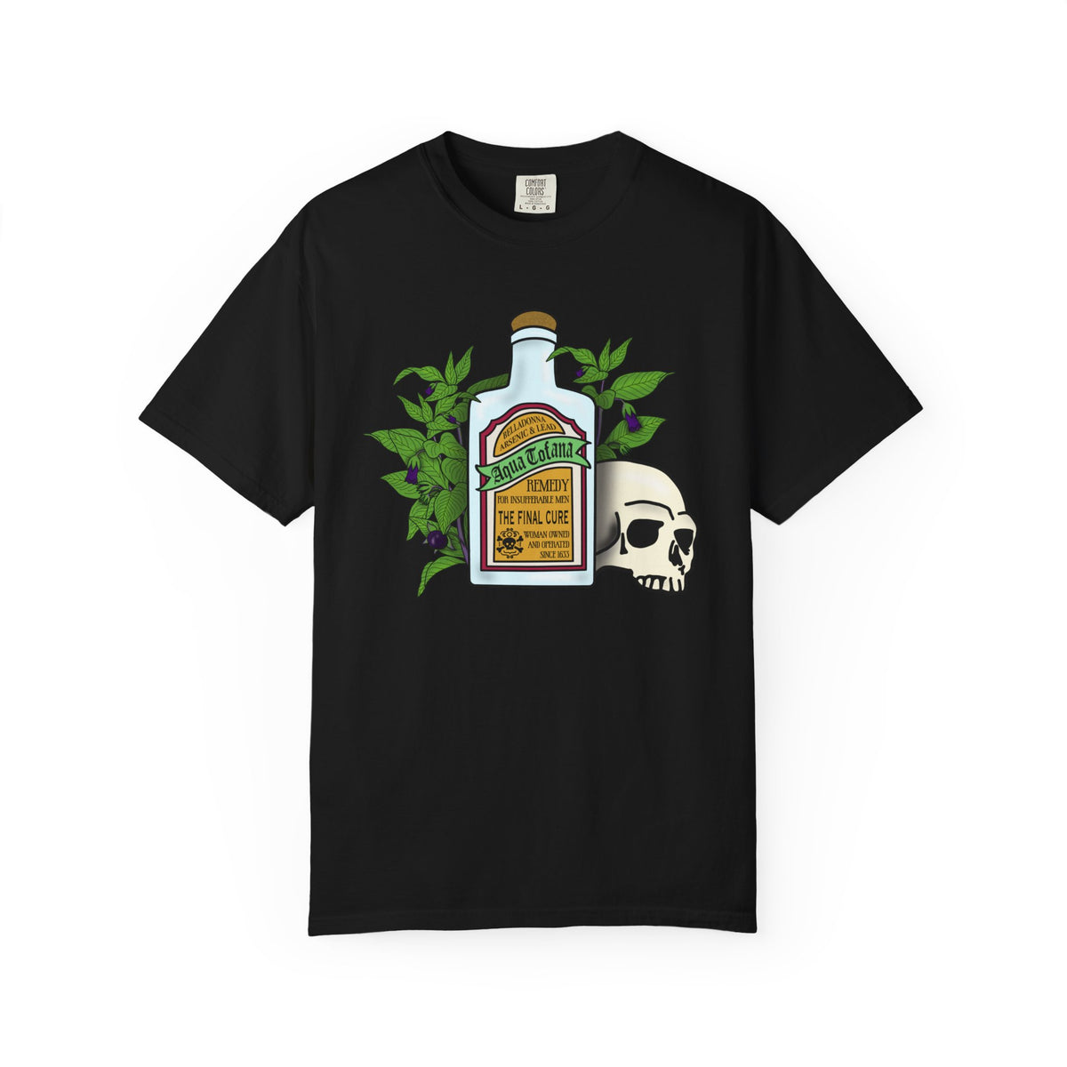 Skull & Remedy Bottle T-Shirt Aqua Tofana Vintage Apothecary Graphic Tee