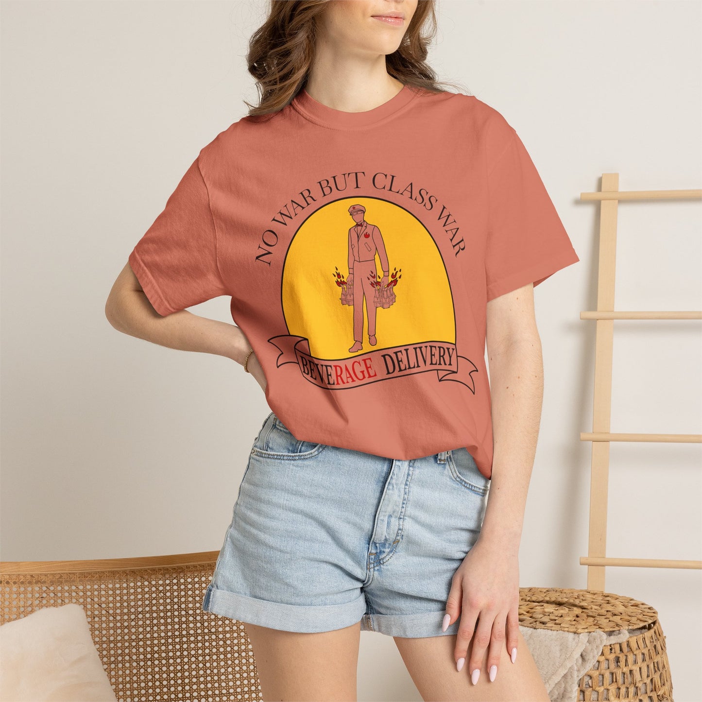 No War But Class War Beverage Delivery T-shirt | Delivery Worker Illustration