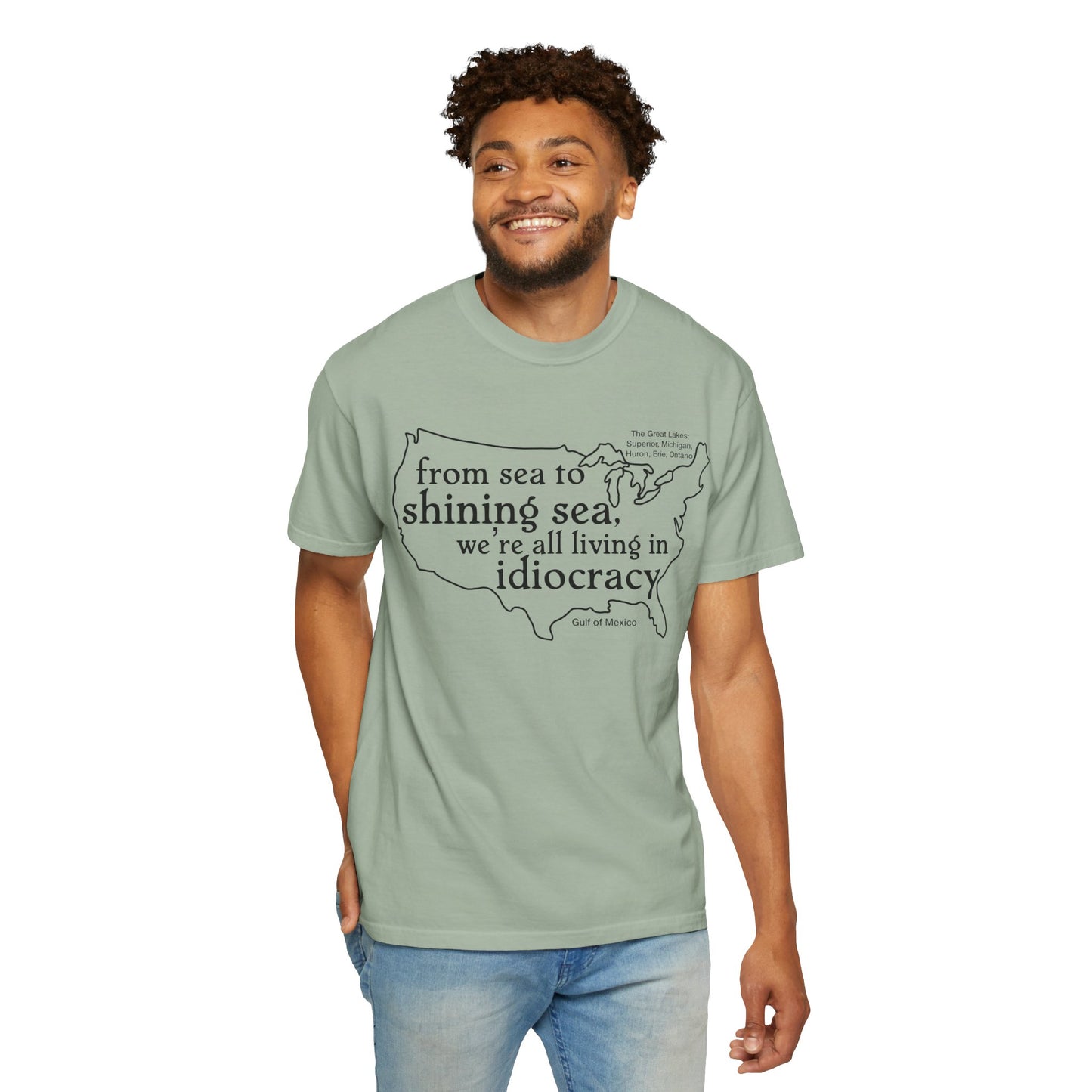 Idiocracy Map T-Shirt  'From sea to shining sea we are living in idiocracy' Minimal Political Tee Great Lakes Gulf of Mexico