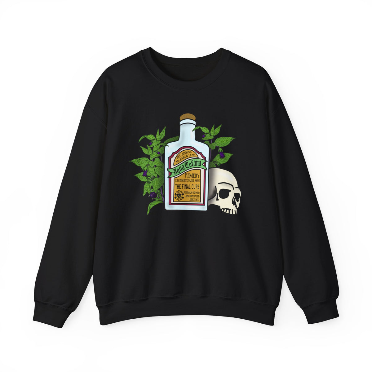 Crewneck Sweatshirt Aqua Tofana Apothecary Bottle & Skull Graphic