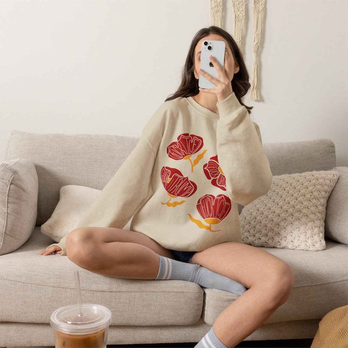 Slightly Subtle Red Poppy Floral Illustration Sweatshirt | Hand-Drawn Blooms, Minimal Botanical FDT