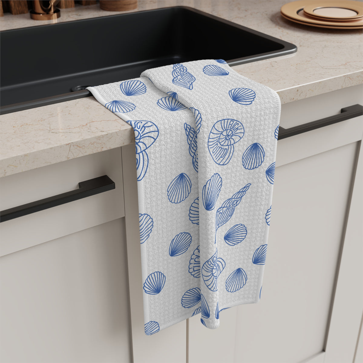 Slightly Subtle Seashell Pattern Microfiber Tea Towel | Coastal Kitchen Print FDT